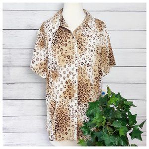 Covington Short Sleeve Button Up Blouse Tan and Brown Leopard Print Blouse